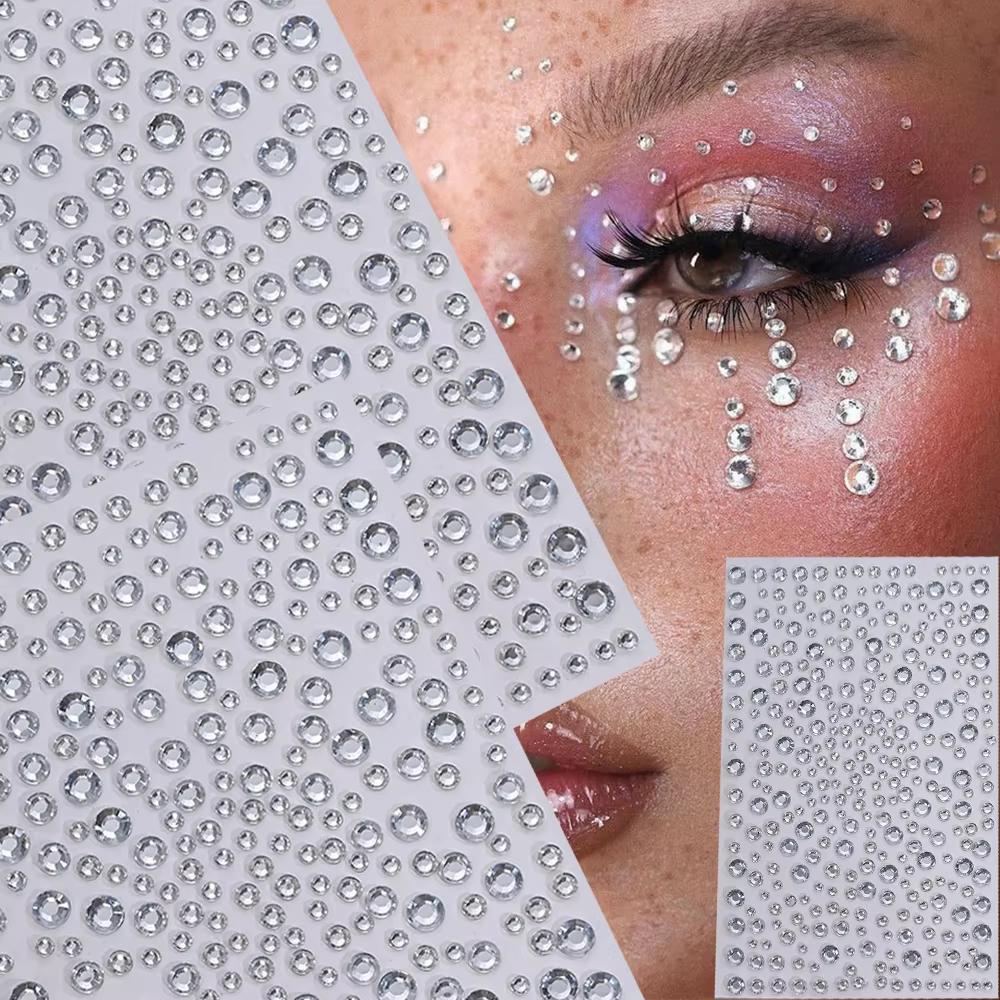 Body Jewelry Stickers - 1 Sheet Silver-White Glitter 3D Rhinestones