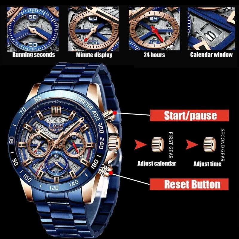 LIGE 2024 New Men Watch Top Br - Threadless Push Pin 评论和价格